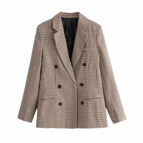 Ladies' autumn new plaid double breasted jacket personalized suit